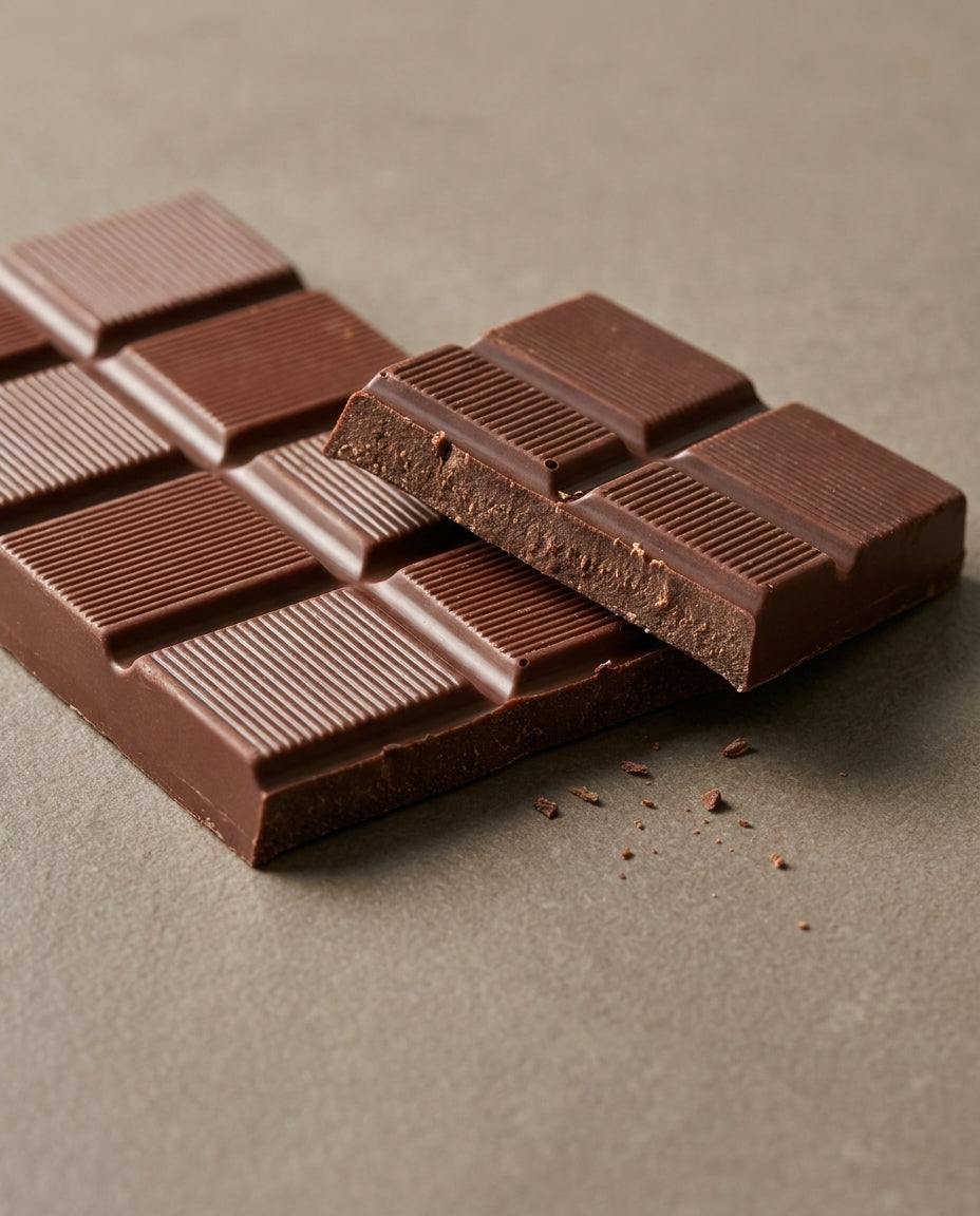 Ravena 58% chocolate bar, snapped, showing mould detail